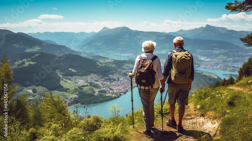 A senior couple hiking up a mountain trail, taking in breathtaking views along the way, elderly couples