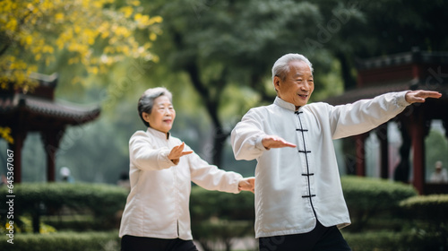 Two elders practicing tai chi in a peaceful garden, demonstrating grace and fluidity, elderly couples