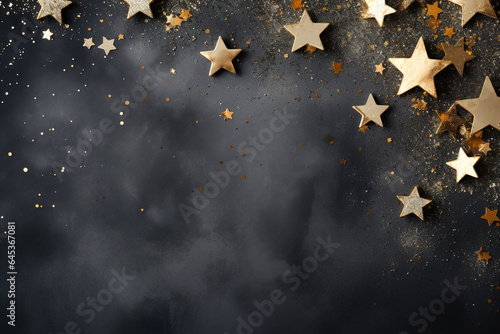 Festive, Christmas background with copy space, top view of golden stars on a dark surface