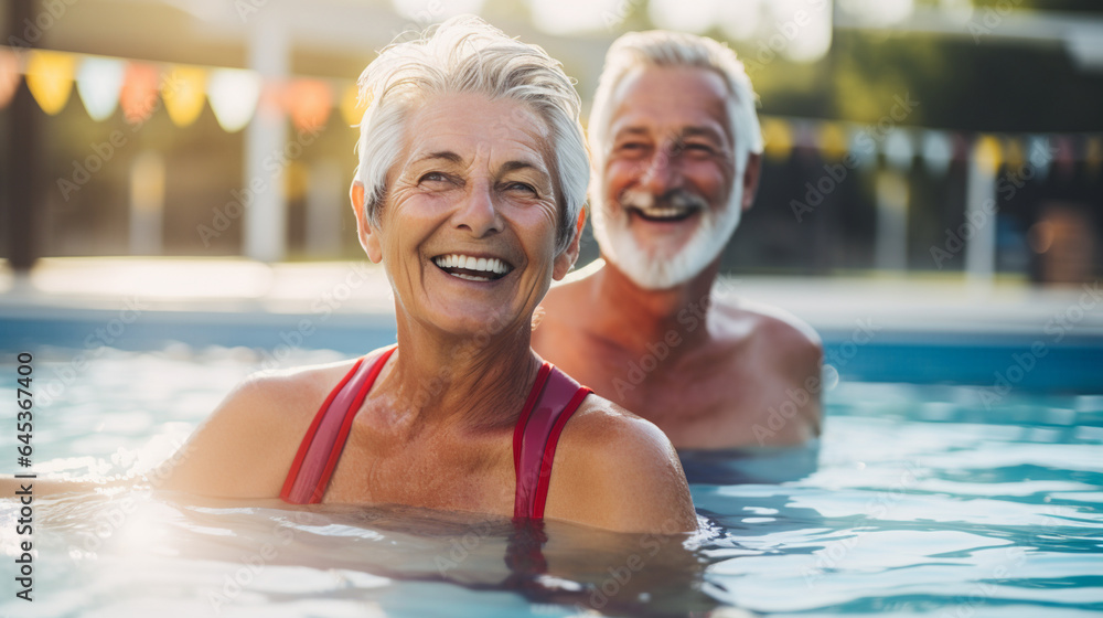A retired couple participating in a water aerobics class, staying fit and cool in the pool, elderly couples