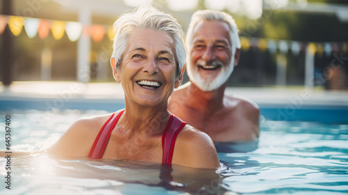 A retired couple participating in a water aerobics class, staying fit and cool in the pool, elderly couples