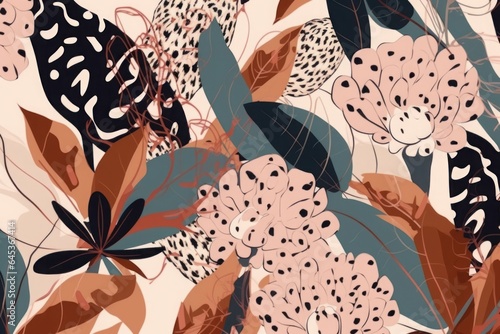 Hand drawn abstract floral pattern with leopard print. Creative collage contemporary seamless pattern. Natural colors. Fashionable template for, Generative AI