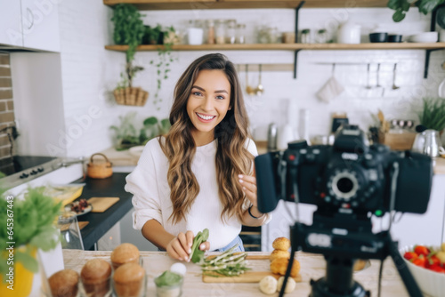 A young woman food blogger cooking salad in front of smartphone camera while recording vlog video and live streaming at home in kitchen. photo