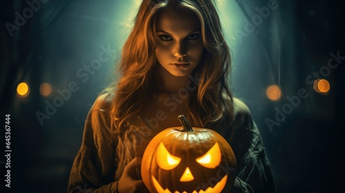 halloween witch with a pumpkin in the night