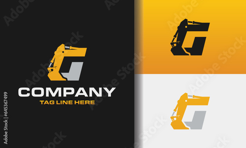 Letter G excavator logo template vector. Heavy equipment logo vector for construction company. Creative excavator illustration for logo template.