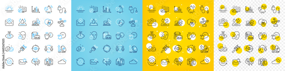 Vector icons set of Vacancy, Cloudy weather and Alarm clock line icons pack for web with Excise duty, Mute sound, Medical tablet outline icon. Eye target, Creative design. Vector