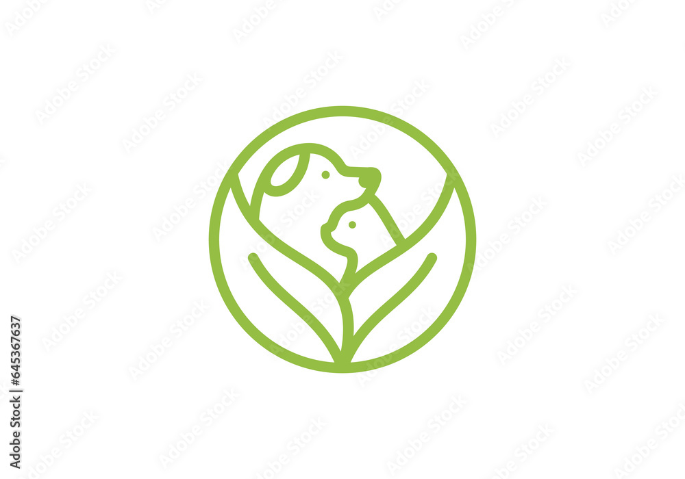 dog and cat logo design. pet care white leaf linear style concept element symbol vector illustration. dog and cat logo design. pet care white leaf linear style concept element symbol vector illustration.