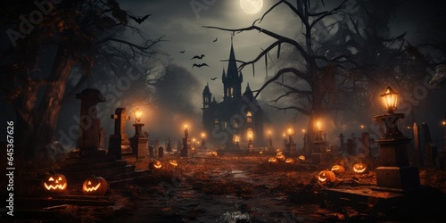 Twilight Spooks grave,castle horror, Jack-o'-Lanterns, Old Cemetery, Creepy Backdrop