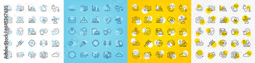 Vector icons set of Vacancy, Cloudy weather and Alarm clock line icons pack for web with Excise duty, Mute sound, Medical tablet outline icon. Eye target, Creative design. Vector