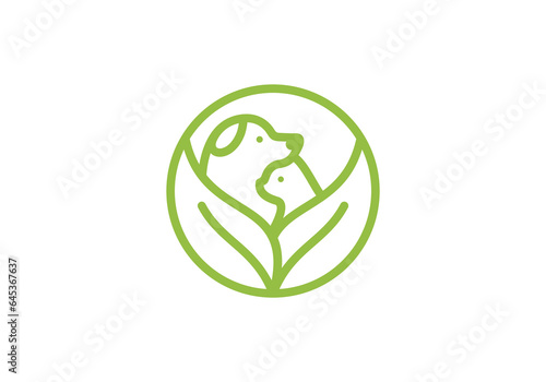 dog and cat logo design. pet care white leaf linear style concept element symbol vector illustration.