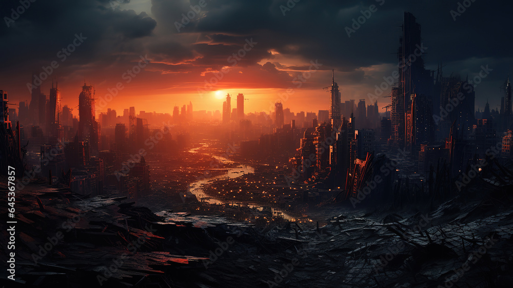 A futuristic cityscape with a post apocalyptic and dark tone, Bright color. Generative Ai A futuristic cityscape with a post apocalyptic and dark tone, Bright color. Generative Ai