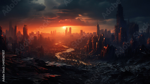 A futuristic cityscape with a post apocalyptic and dark tone, Bright color. Generative Ai