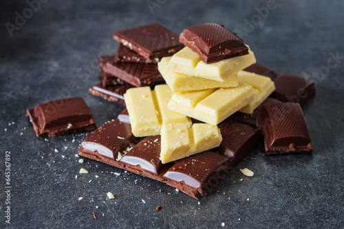 Dark, white, milk chocolate bars on a dark background.