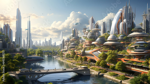 Spectacular digital art 3d illustration eco futuristic city abundant in trees. Generative Ai