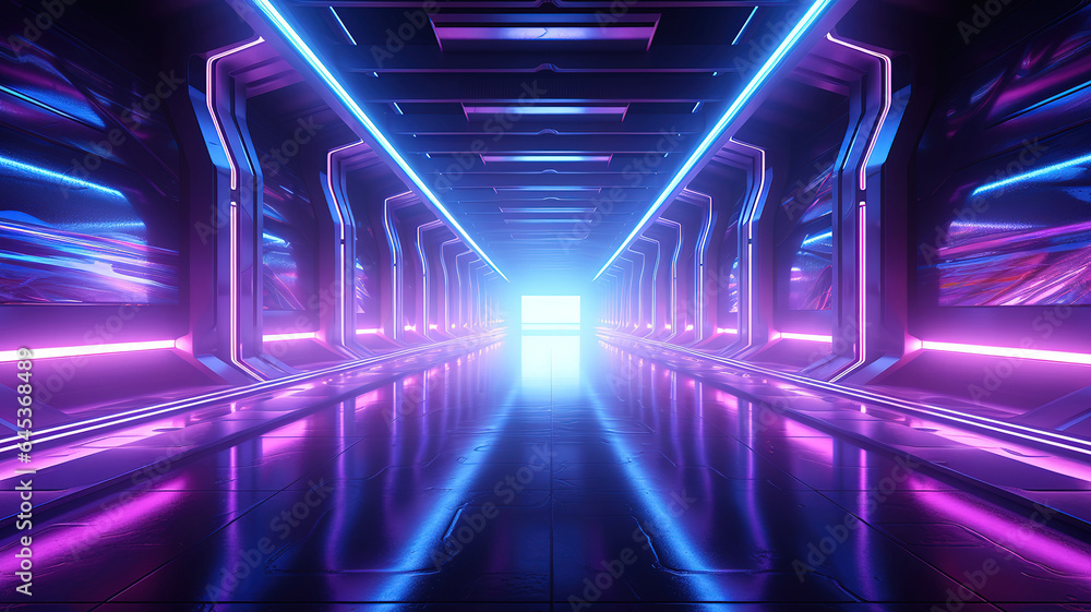 Smoke Fog Futuristic Hall Corridor with Neon Laser Led Blue Purple Glowing Tunnel Metal. Generative Ai