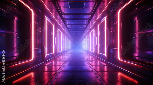 Hallway with glowing purple lamps in futuristic spacecraft. Generative Ai