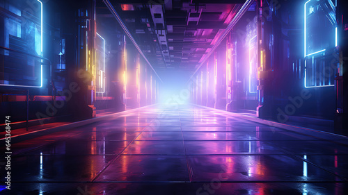 Science fiction interior scene- sci-fi corridor render scene with neon lights and smoke. Generative Ai