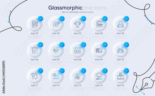 Set of Product knowledge, Work home and Phone code line icons for web app. Web3, Mindfulness stress, Recovery trash icons. Growth chart, Windmill turbine, Video conference signs. Lgbt. Vector