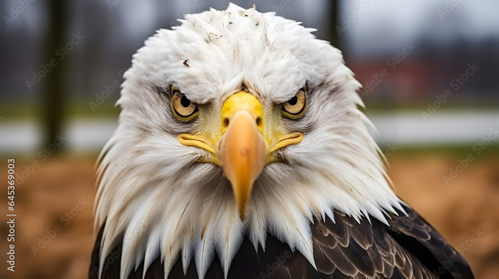 Obraz premium Front view of closeup of bald eagle bird in the jungle
