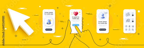 Engineer, Solar panel and Electric energy line icons pack. Phone screen mockup with 3d alert bell, health and headshot. Inventory cart, Building warning, Inspect web icon. Vector