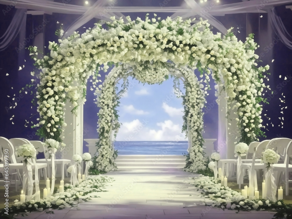 Fototapeta premium A majestic wedding arch adorned with a lush, cascading garland of white roses.