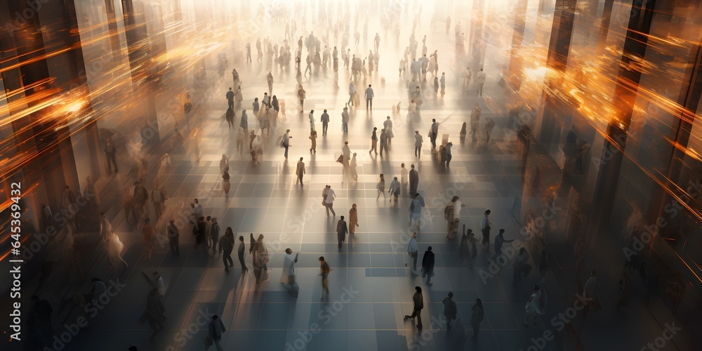 Above view of people walking in motion blur Above view of people walking in motion blur