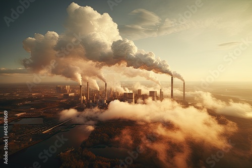 Foto Smoke from heating station in big city during winter season at sunset