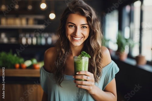 woman holding a green smoothie smiling