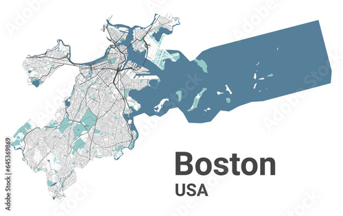 Boston map, American city. Municipal administrative area map with rivers and roads, parks and railways.