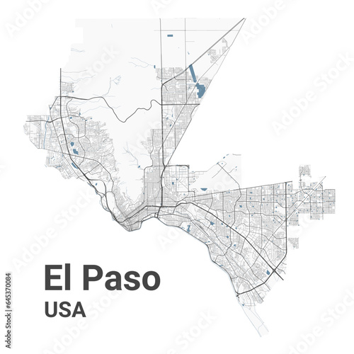 El Paso map, American city. Municipal administrative area map with rivers and roads, parks and railways.