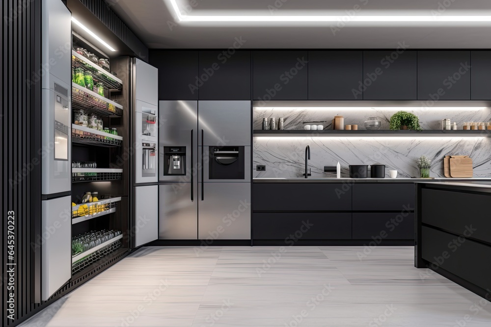 Modern, elegant kitchen interior design with food shelves and modern furniture in a luxury home. Modern, elegant kitchen interior design with food shelves and modern furniture in a luxury home.