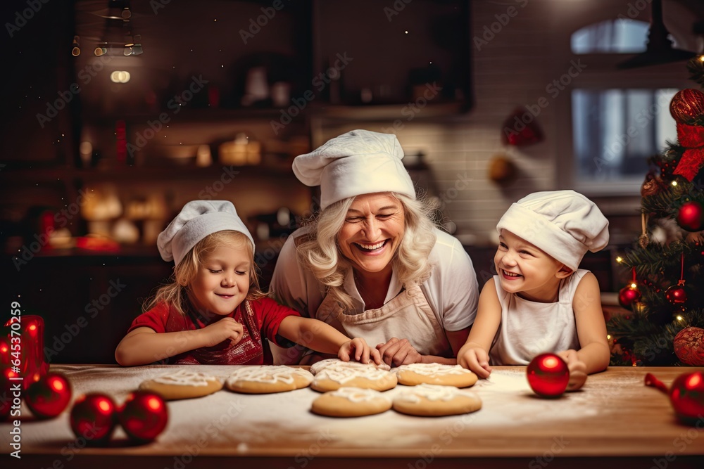 Happy family, grandmother and grandchildren preparing dough together in the kitchen for a holiday dinner. Happy family, grandmother and grandchildren preparing dough together in the kitchen for a holiday dinner.