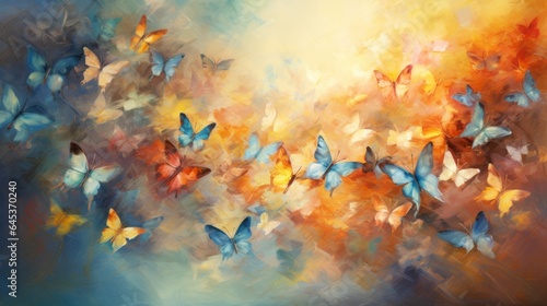 A vibrant painting featuring a mesmerizing swarm of blue and yellow butterflies © cac_tus