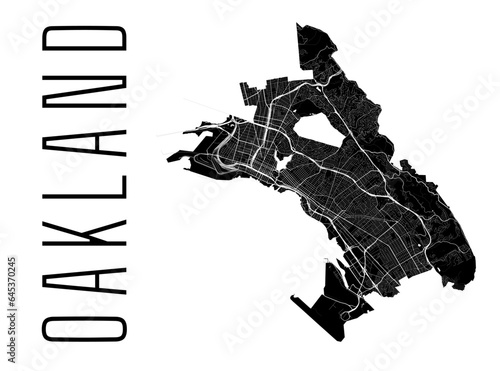 Oakland city map, United States. Municipal administrative borders, black and white area map with rivers and roads, parks and railways.