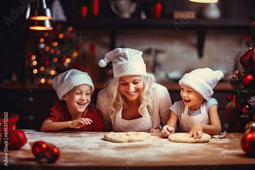 Cozy Christmas scene in the kitchen: happy family, grandmother with children, baking gingerbread cookies together.