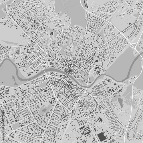 Detailed map of Uzhhorod city, oblast center of Ukraine. Municipal administrative area map with rivers and roads, parks and railways.