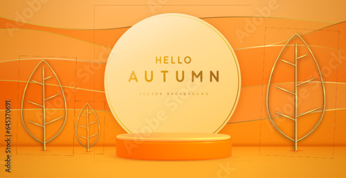 Autumn showcase background with 3d podium, autumn leaves and wave texture. Vector illustration