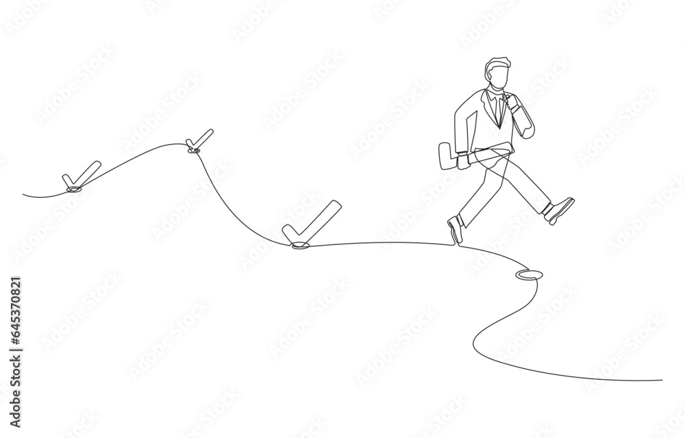 Continuous one line drawing of businessman running to next checkpoint to put check mark, journey of success, work progress concept, single line art. Continuous one line drawing of businessman running to next checkpoint to put check mark, journey of success, work progress concept, single line art.