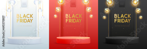 Set of black friday showcase backgrounds with 3d podium and electric lamps. Vector illustration