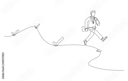 Continuous one line drawing of businessman running to next checkpoint to put check mark, journey of success, work progress concept, single line art.
