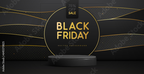 Black friday big sale showcase background with 3d podium and golden wave texture. Vector illustration