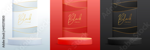Set of black friday showcase backgrounds with 3d podium and wave golden texture. Vector illustration