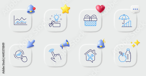 Healthy food, Inflation and Gift line icons. Buttons with 3d bell, chat speech, cursor. Pack of Food delivery, Trade infochart, Graph chart icon. Creative idea, Cursor pictogram. Vector