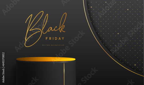 Black friday big sale showcase background with 3d podium and golden texture. Vector illustration