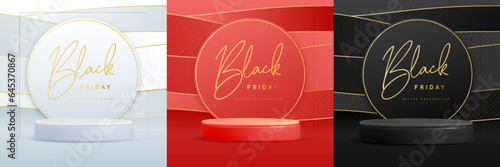 Set of black friday showcase backgrounds with 3d podium and golden wave texture. Vector illustration