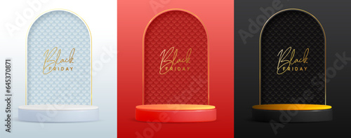 Set of black friday showcase backgrounds with 3d podium and golden arch. Vector illustration