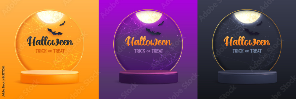 Set of Halloween showcase backgrounds with 3d podium, full moon and bat. Halloween spooky background. Vector illustration