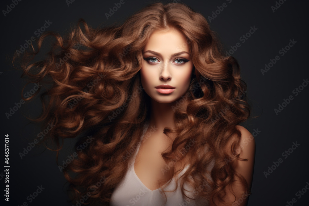 Fototapeta premium Beautiful young woman with perfect and shining curly long hair. Beauty and hair care
