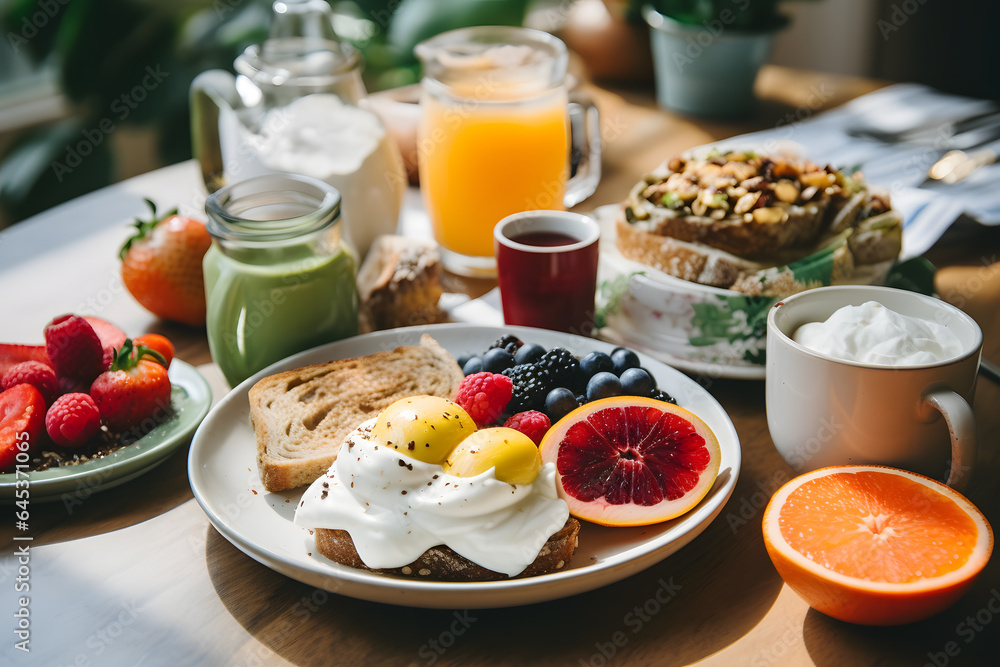 a cozy breakfast scene with a flat lay display of vegetarian food