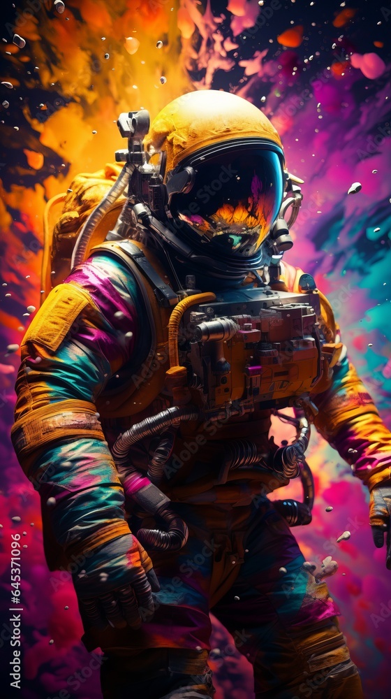 A man in a space suit against a vibrant backdrop